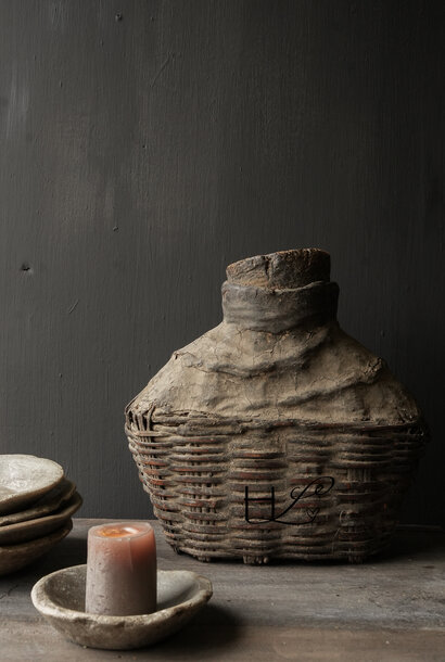 Unique wabi sabi Wicker Nepalese Clay Jug with cap