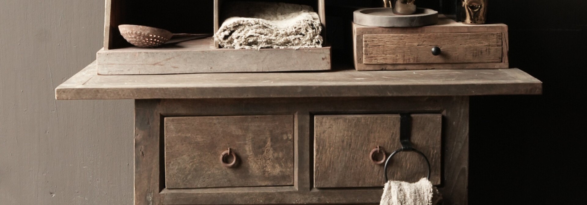 Tough, robust old wooden wall table / side table cabinet with drawers