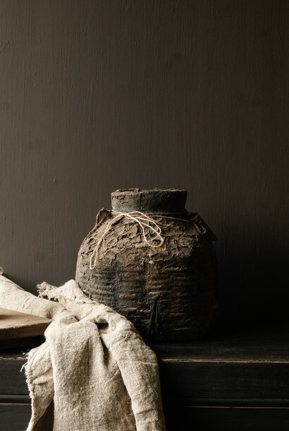 Unique wabi sabi Wicker Nepalese Clay Jug with cap