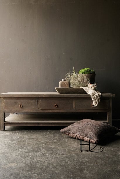 Old wood coffee table with six drawers