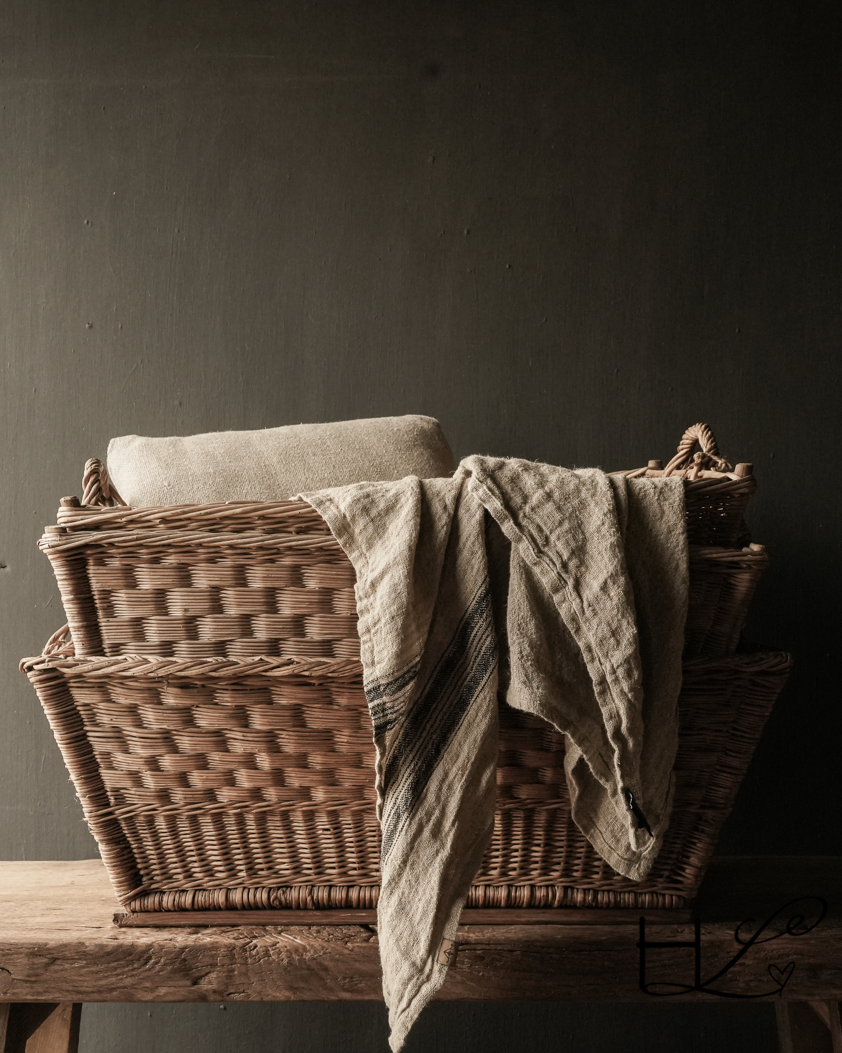 old handmade wicker brocante laundry basket-1