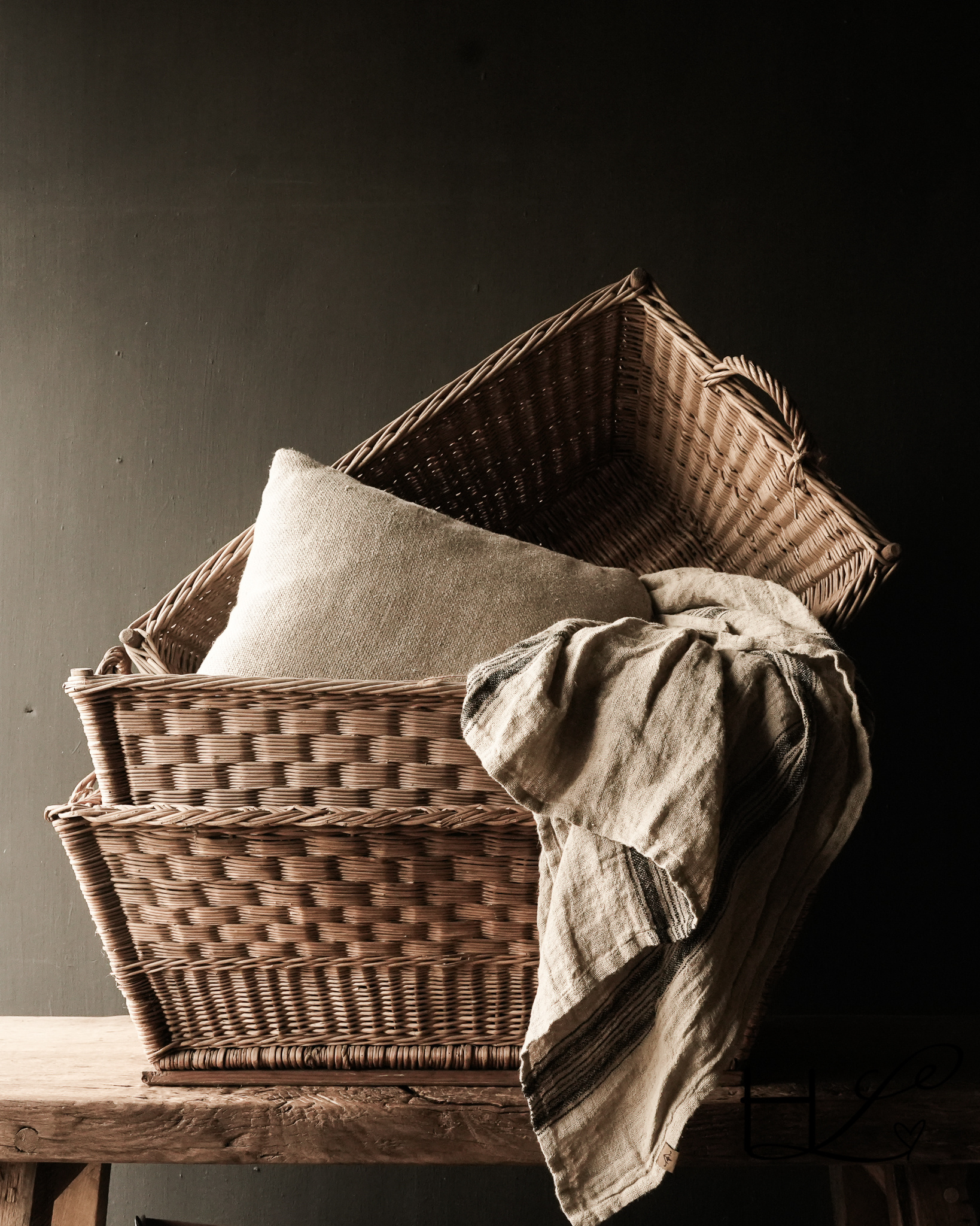 old handmade wicker brocante laundry basket-1