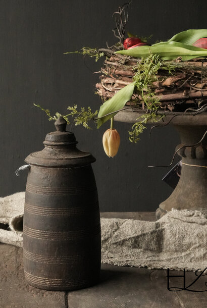 Originele Oude houten Hoffz Nepalese Kruik /Pot met deksel