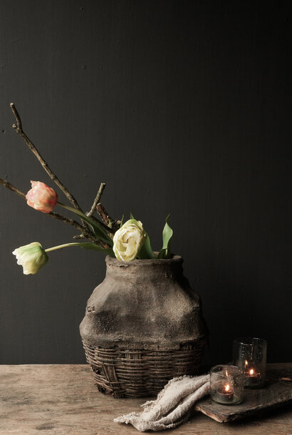 Unique Square Rattan Nepalese Clay Jar