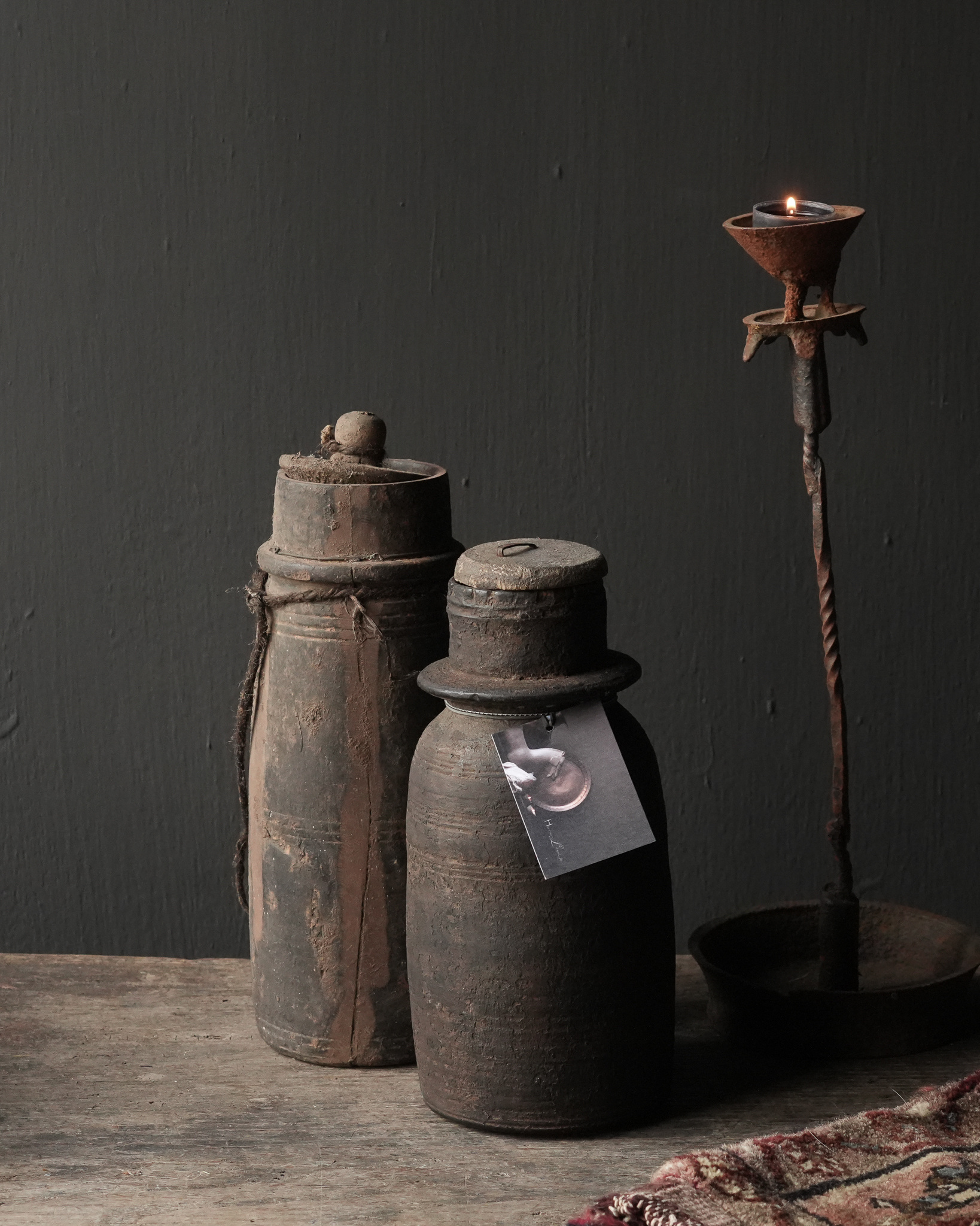 Originele Oude houten Nepalees Kruikje /Potje met deksel-1