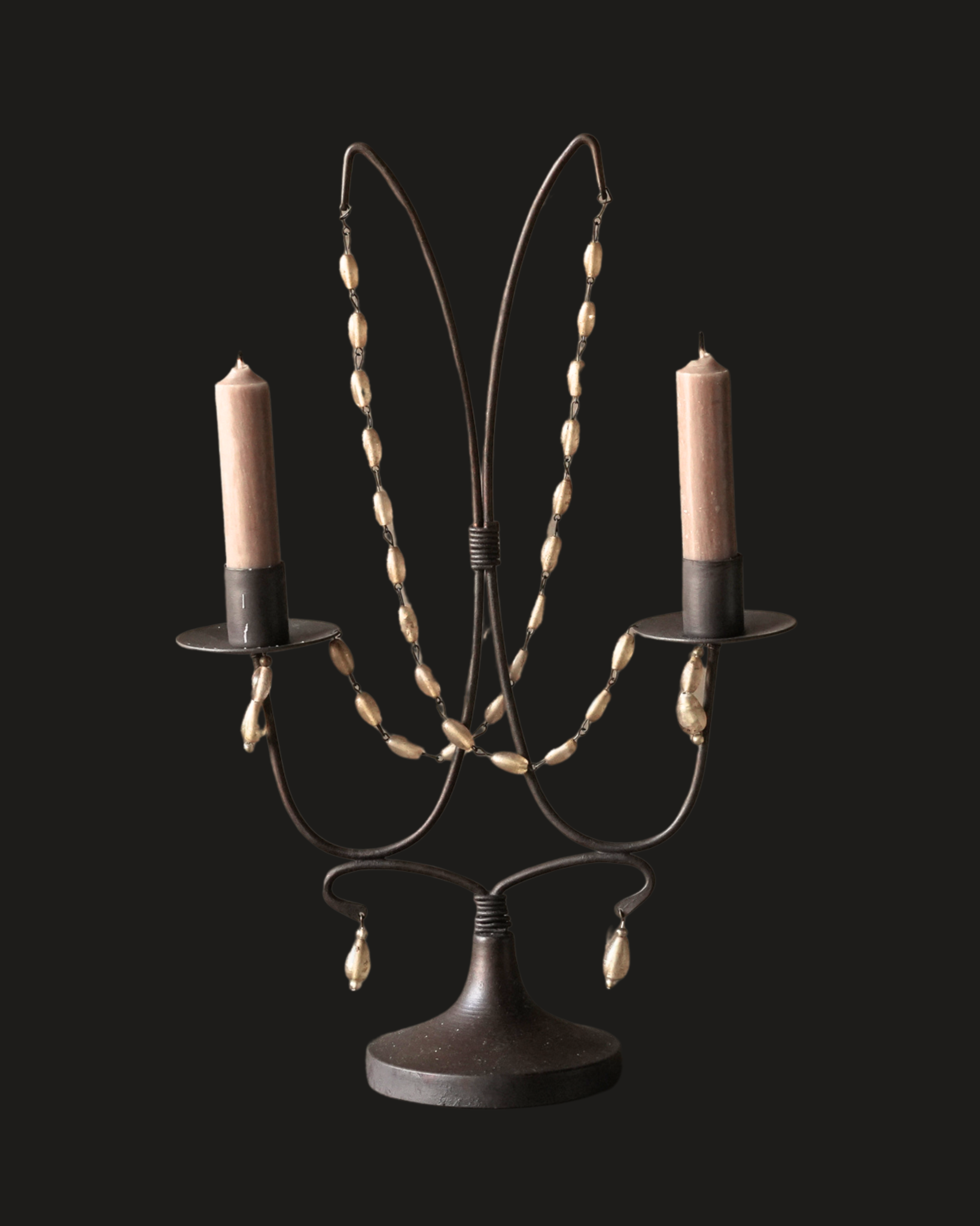 Prachtige bruin / zwart aluminium kandelaar met glazen kraaltjes-2