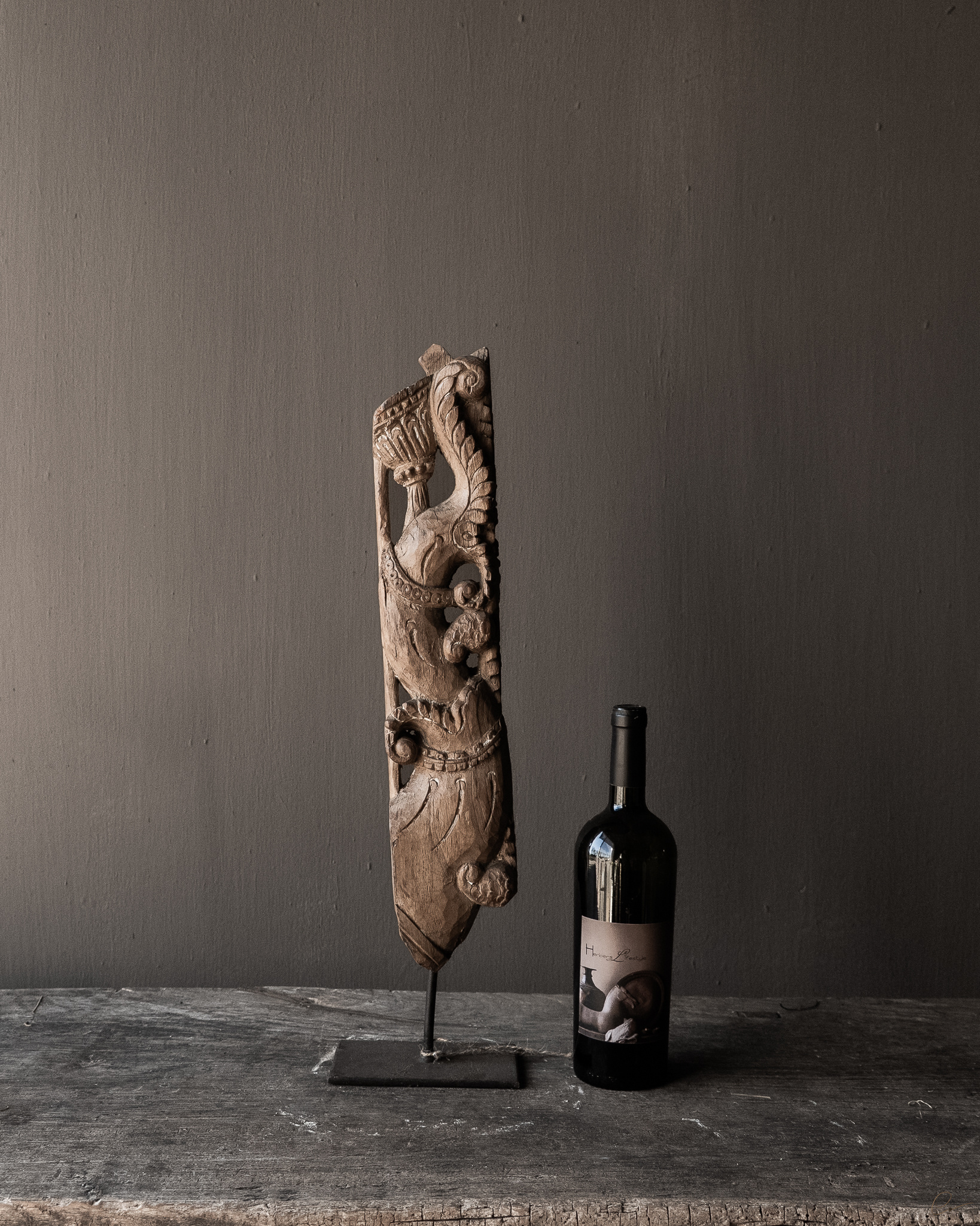 Oud Uniek houten ornament op ijzeren voet-5