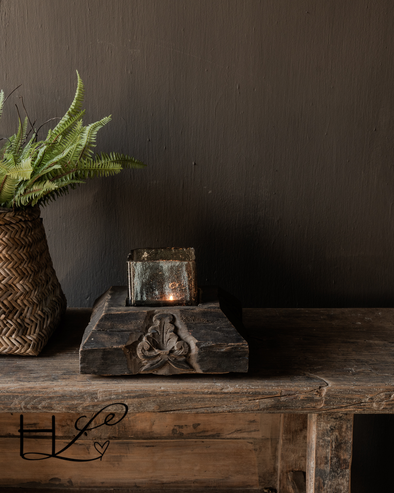 Uniek Oud Indisch houten antiek Ornament inclusief glas-1