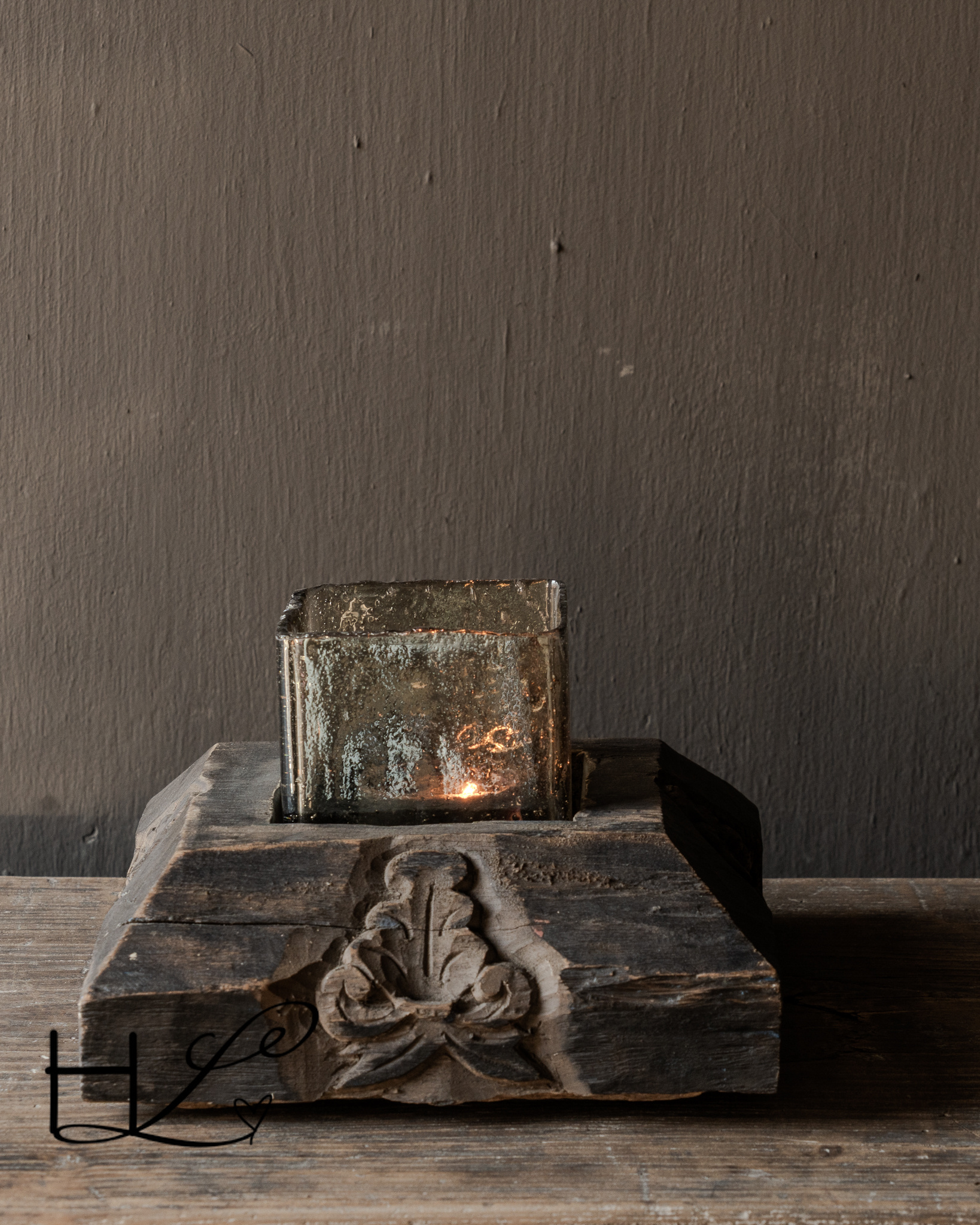 Uniek Oud Indisch houten antiek Ornament inclusief glas-3