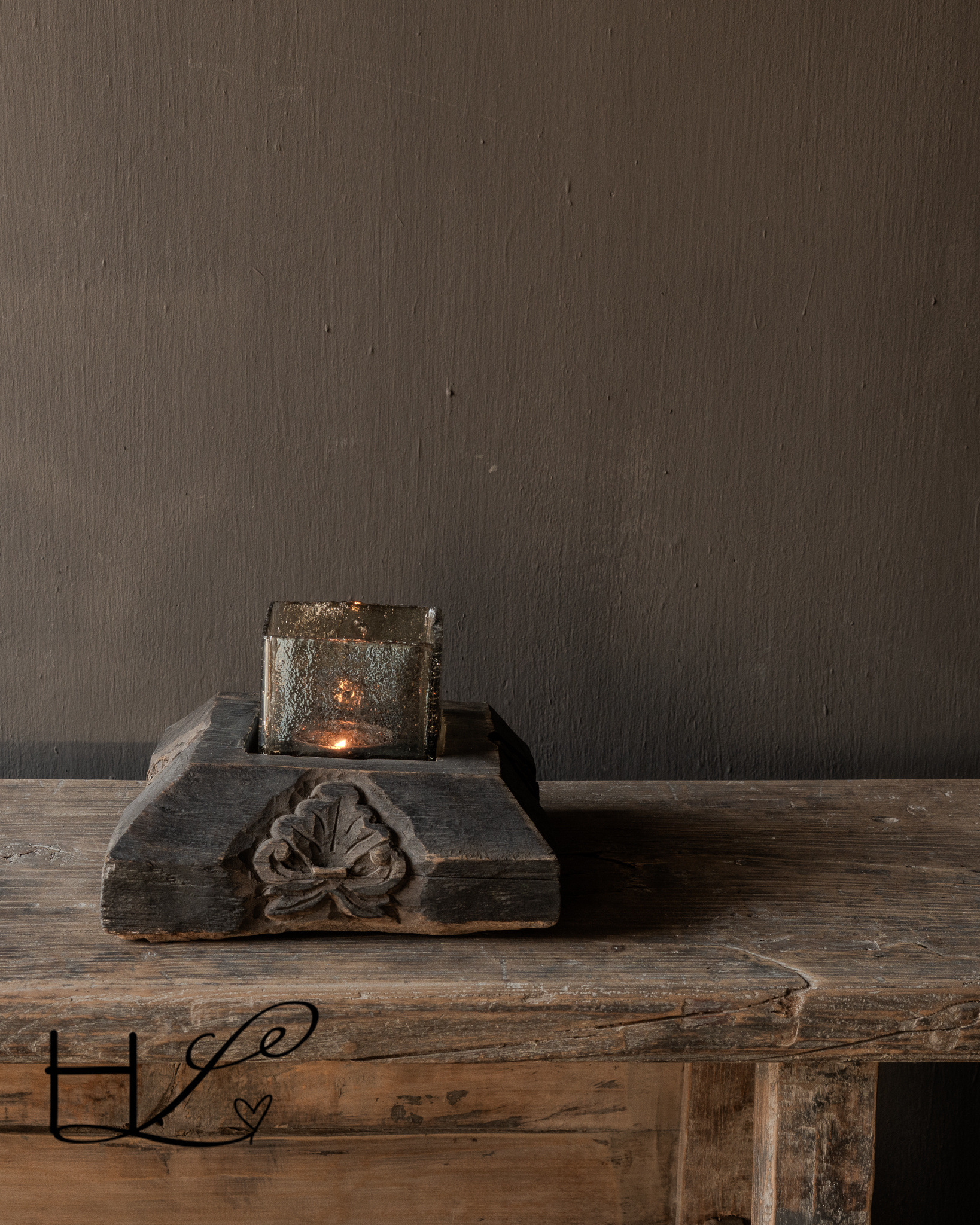 Uniek Oud Indisch houten antiek Ornament inclusief glas-4