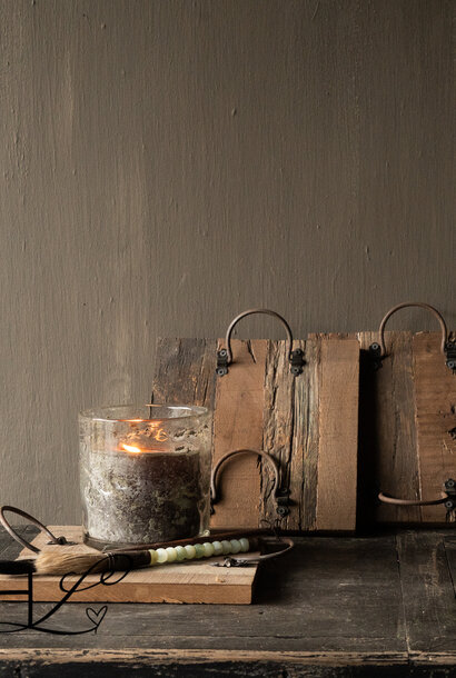 serving board made of old wood with iron handles