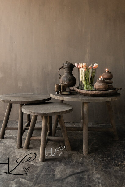 Set van drie  Stoere Ronde Houten  boeren  tafeltjes   LUKSA