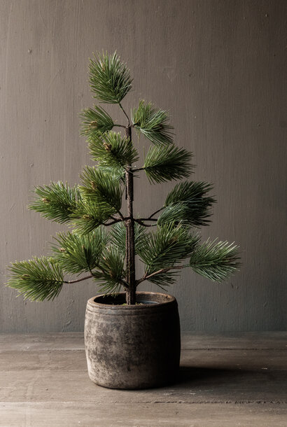 Künstlicher Kiefernbaum im schwarzen Topf