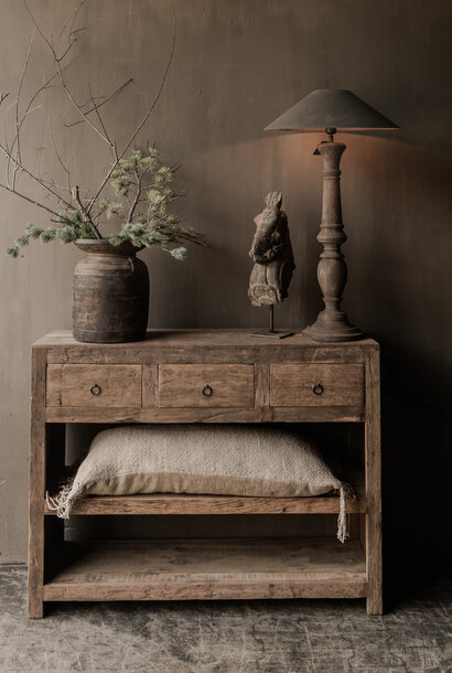 Sturdy, old wooden wall table / side table with drawers