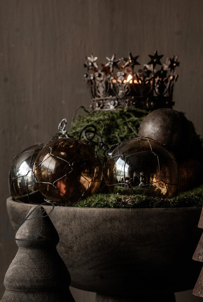 Glazen Bal met Metaalnet – Bruin Lustered Ø8 cm
