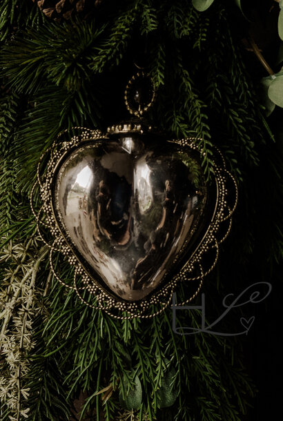 Glazen kerstbal hart antiek zilver