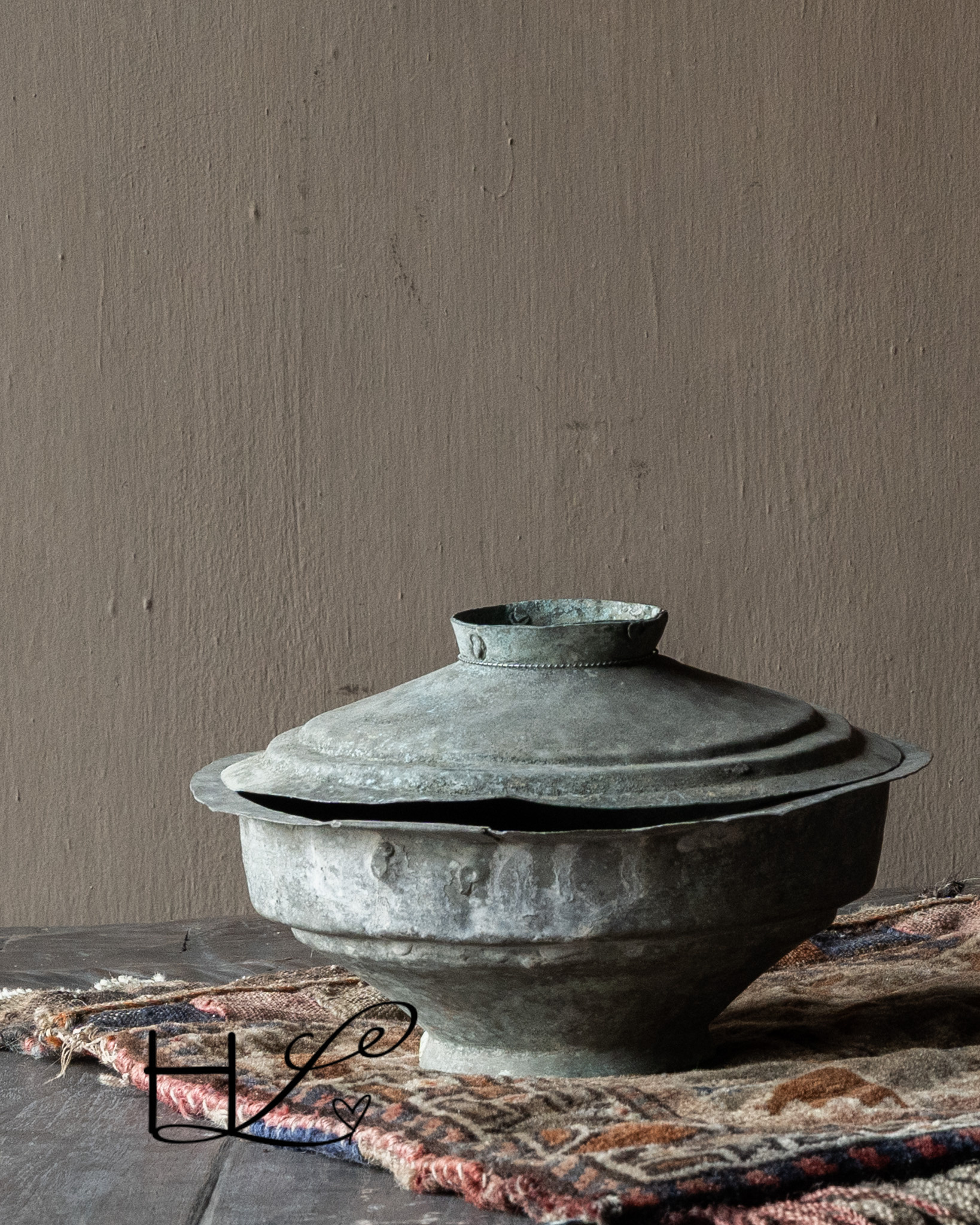 Antiek zinken /koperen kom met deksel-2