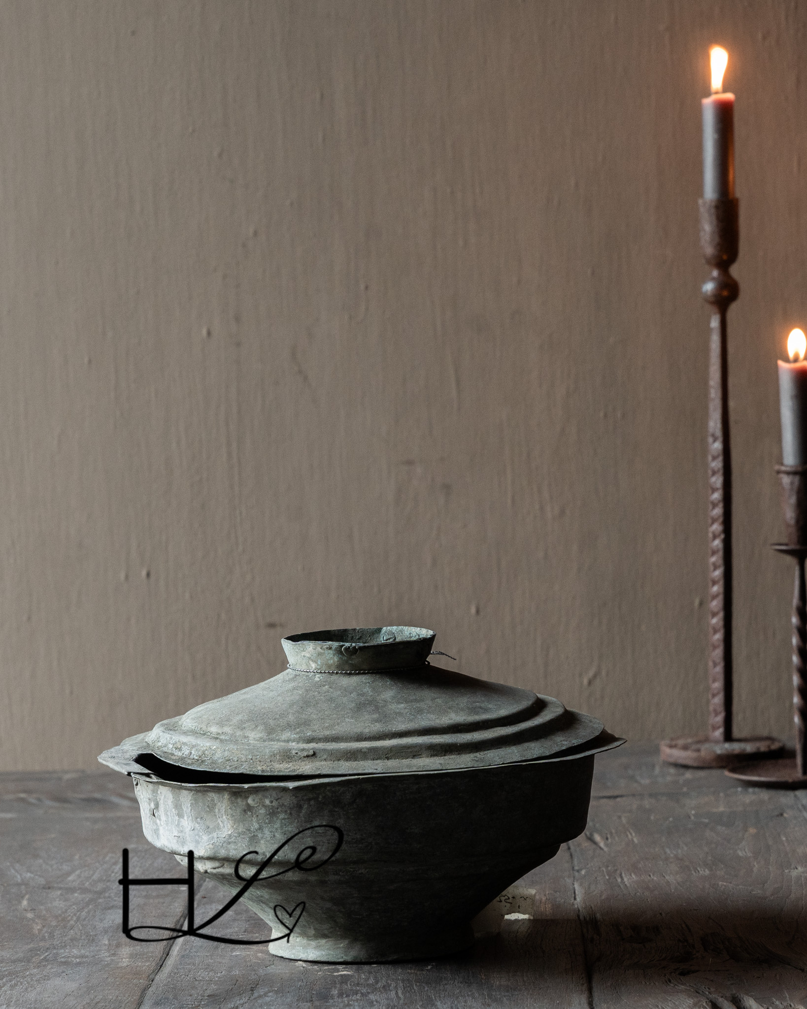 Antiek zinken /koperen kom met deksel-3