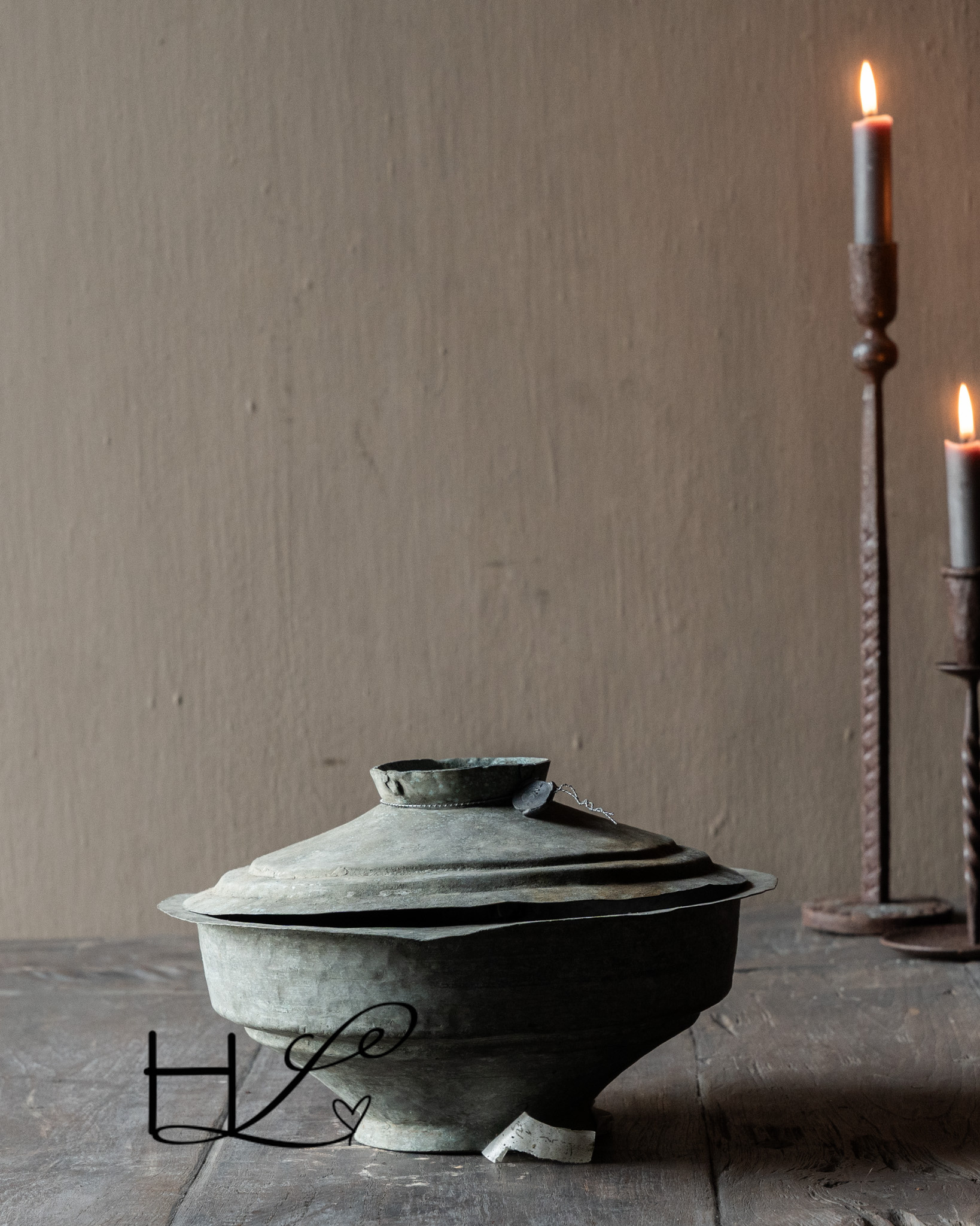 Antiek zinken /koperen kom met deksel-4