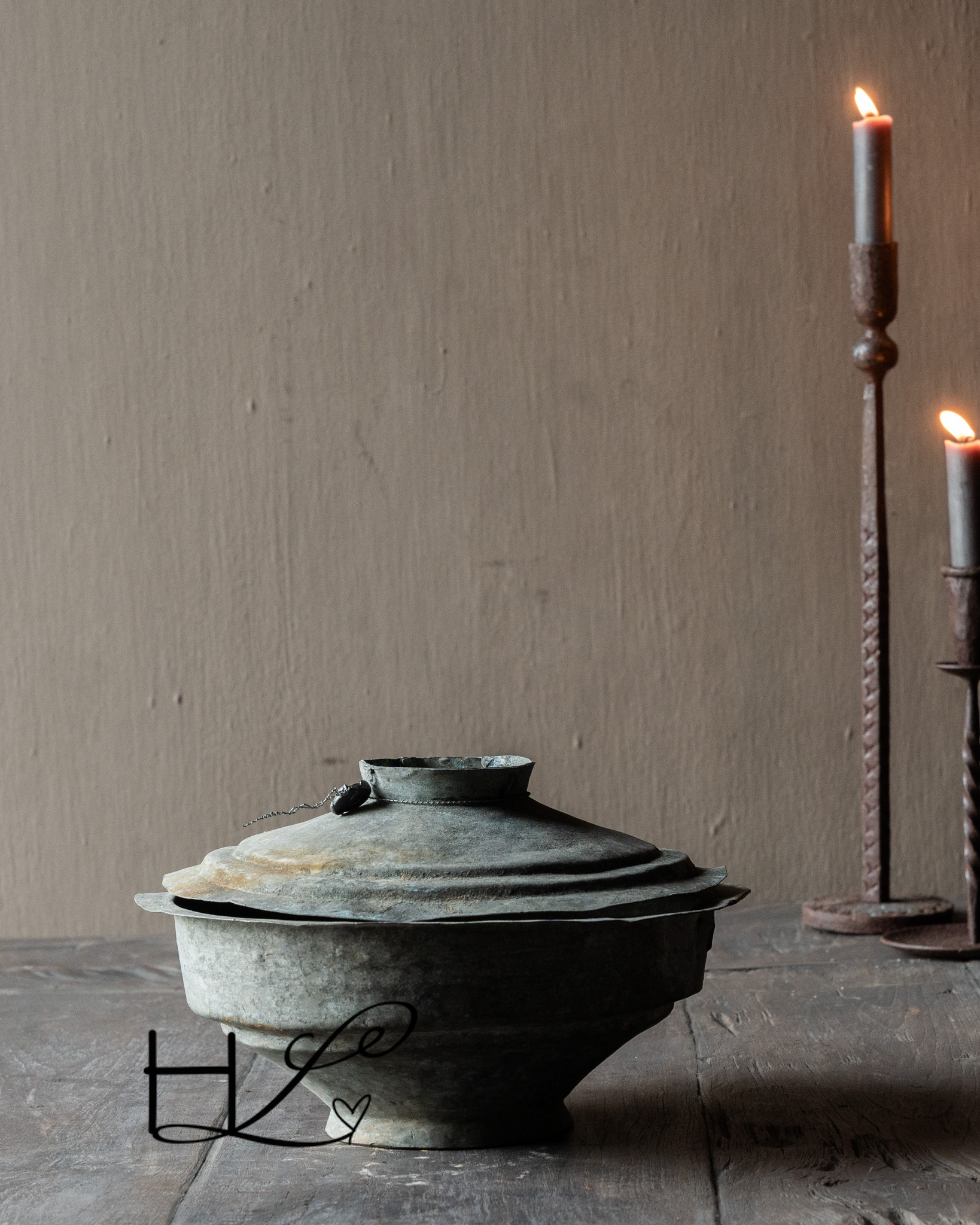 Antiek zinken /koperen kom met deksel-5