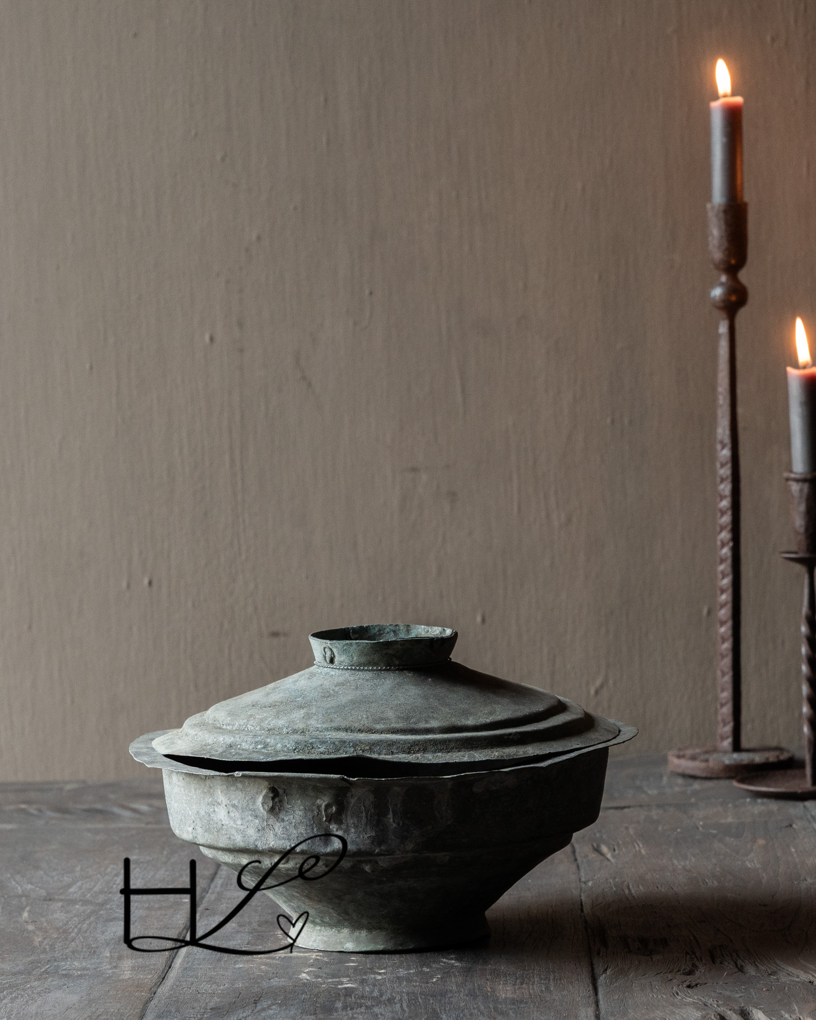 Antiek zinken /koperen kom met deksel-6