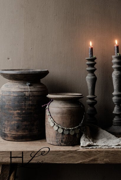 Originele Oude houten Hoffz Nepalese Kruik /Pot met deksel