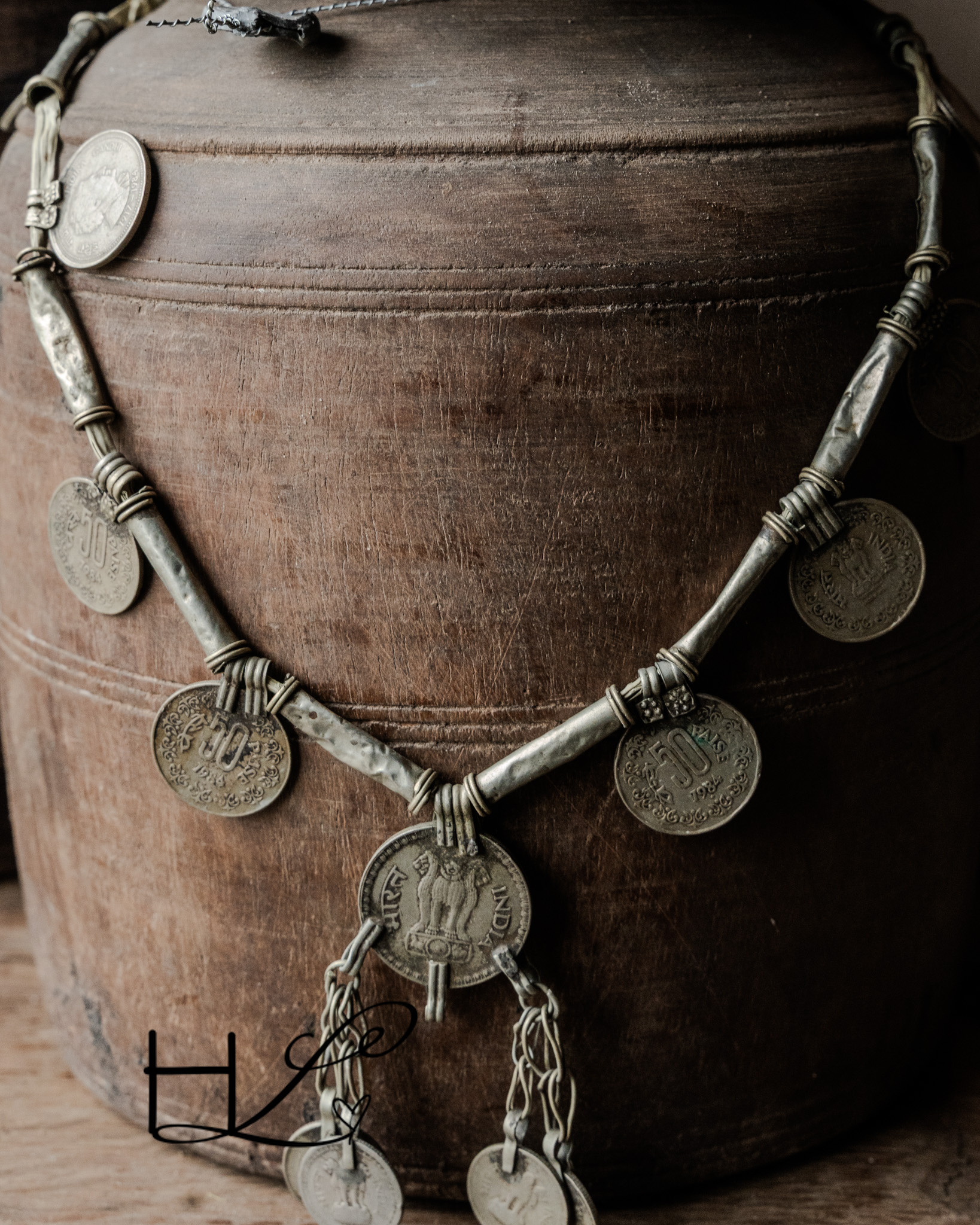 Unieke oude muntenketting – decoratief object (India)-1
