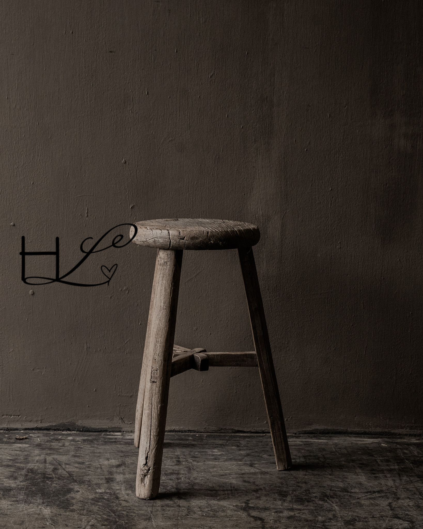 Alter runder Hocker aus Ulmenholz-2