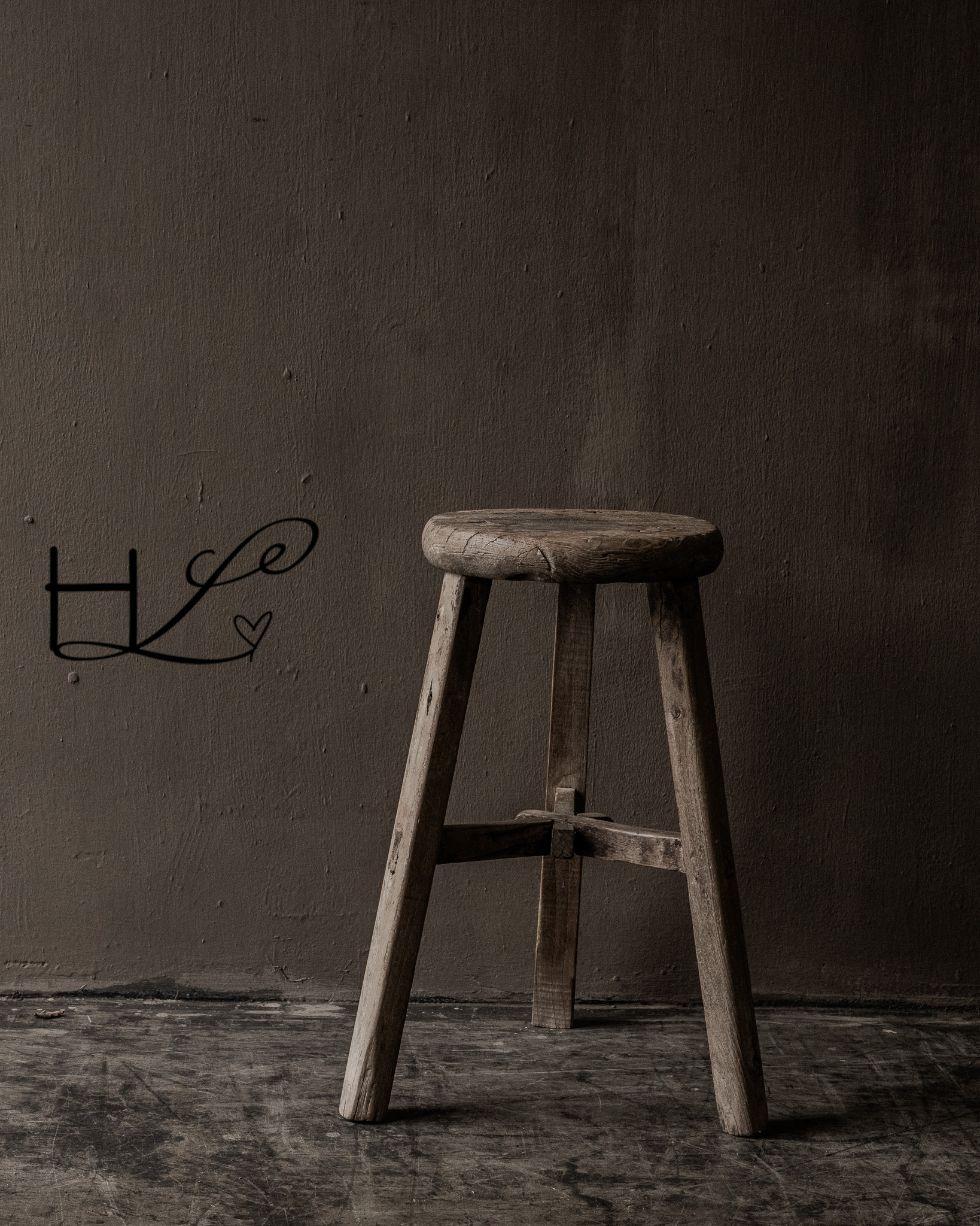 Alter runder Hocker aus Ulmenholz-5