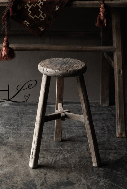 Old round elmwood wooden stool