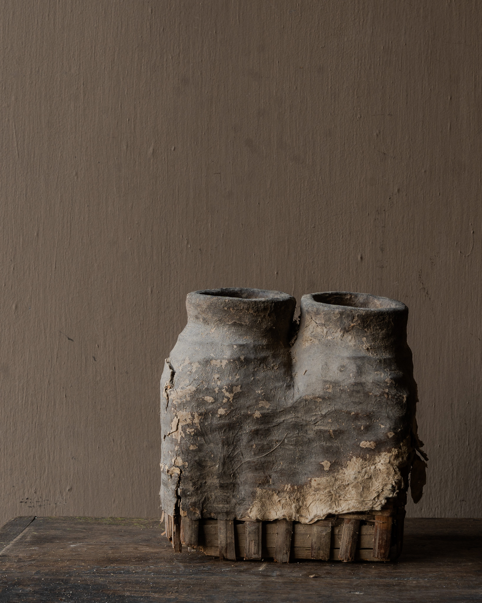 Dubbele antieke Rieten Nepalese Leem Kruik-2