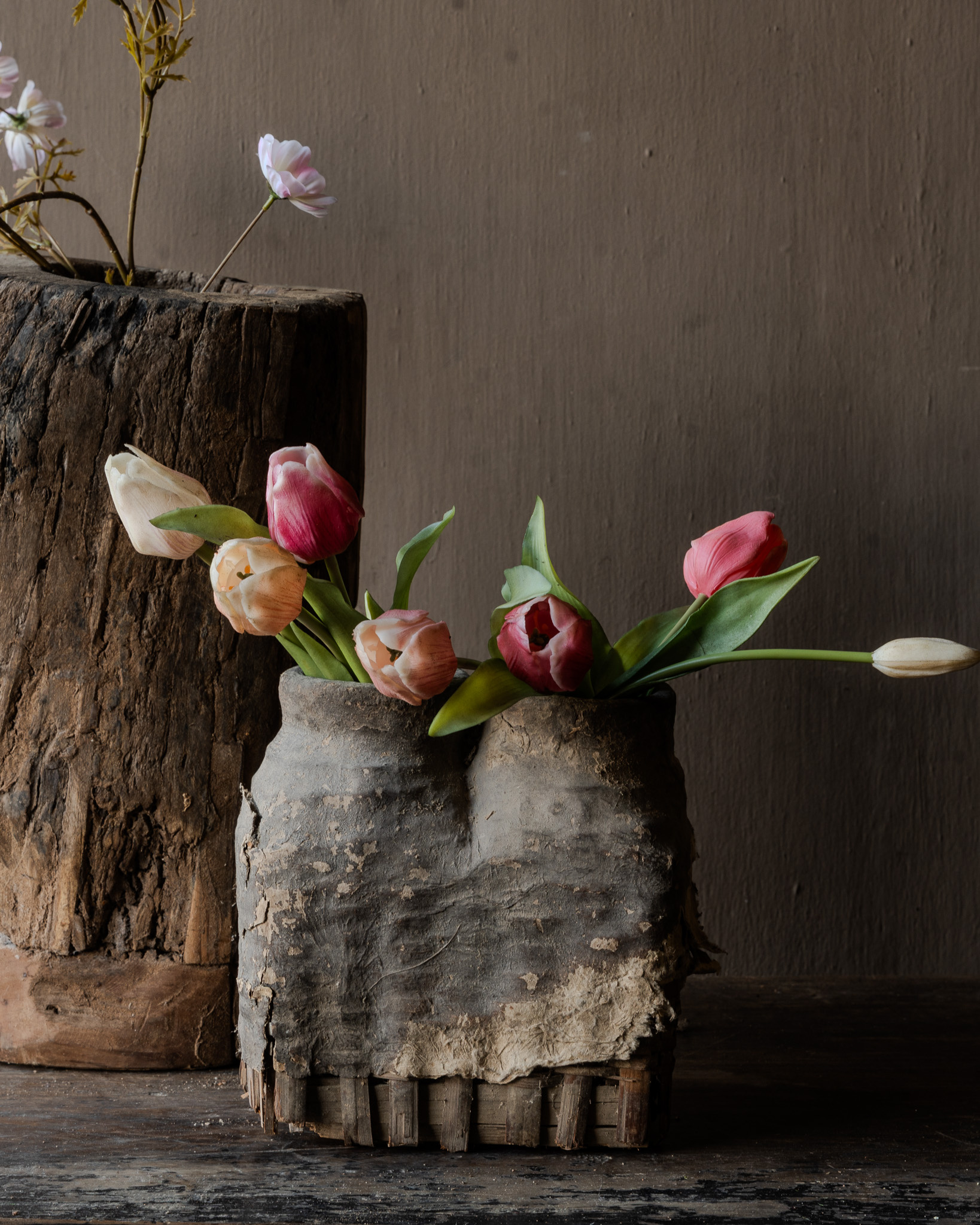 Dubbele antieke Rieten Nepalese Leem Kruik-8