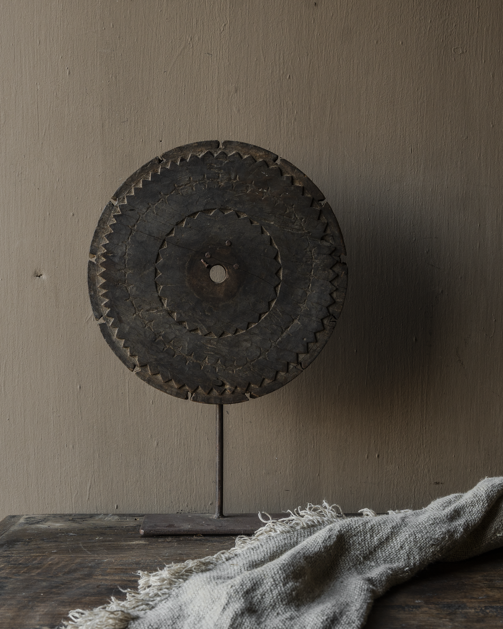 Wooden round wheel ornament on stand – unique old object-2