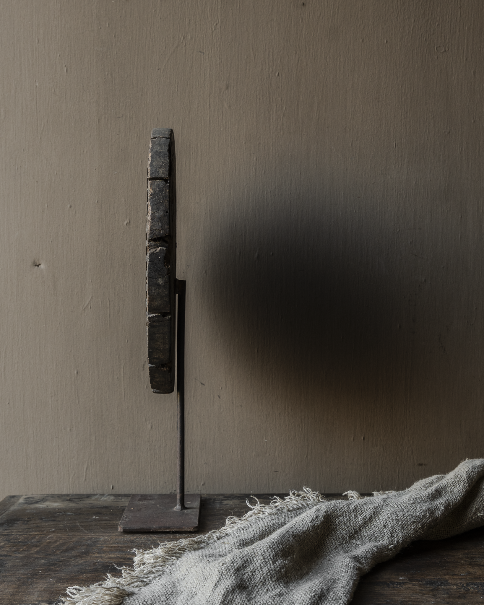 Wooden round wheel ornament on stand – unique old object-3