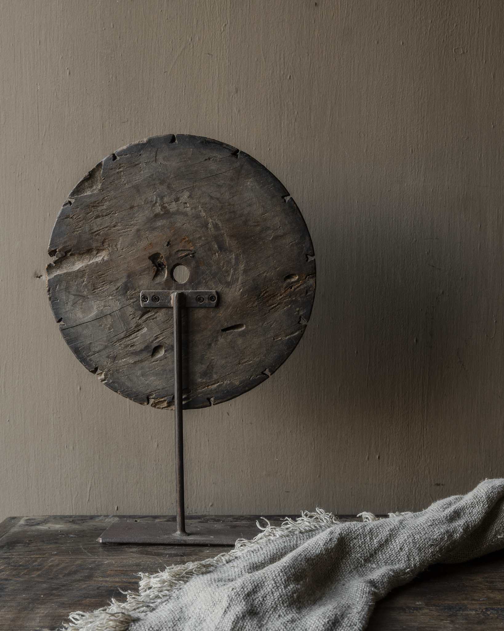 Wooden round wheel ornament on stand – unique old object-4