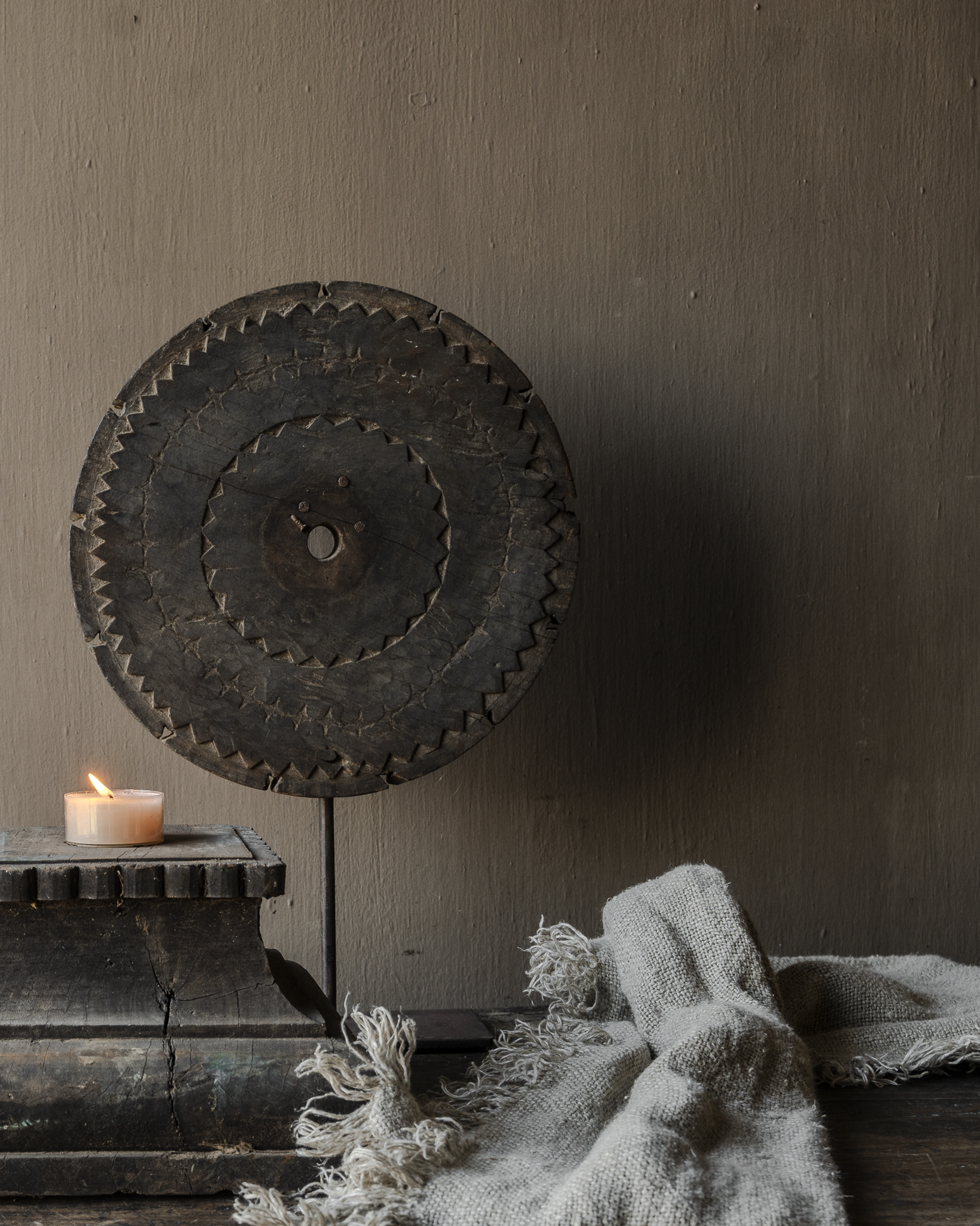 Wooden round wheel ornament on stand – unique old object-1