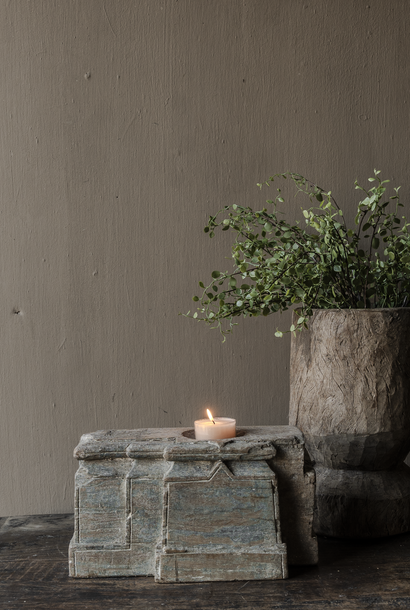 Authentic wooden base candlestick with blue paint residue – India