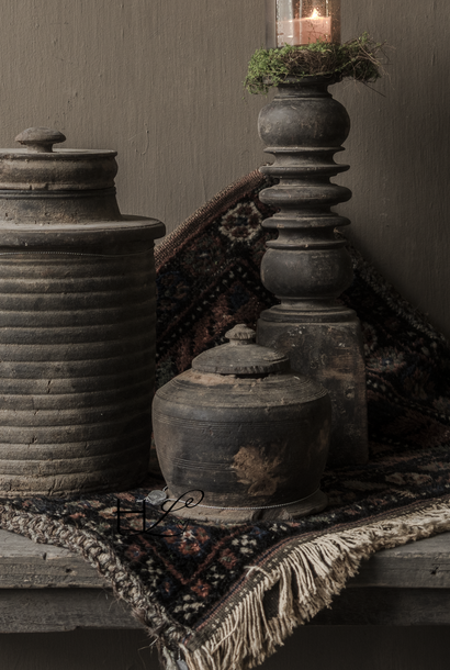Originele Oude houten Nepalees  Kruikje  /Potje  met deksel   HOFFZ