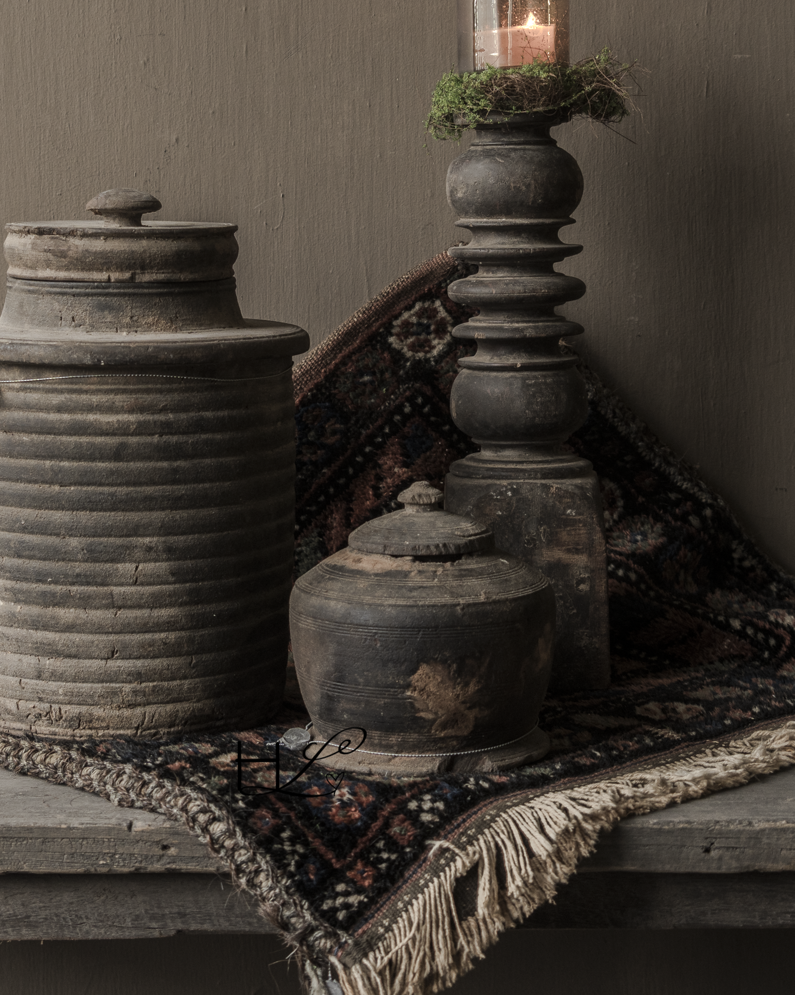 Originele Oude houten Nepalees Kruikje /Potje met deksel HOFFZ-1