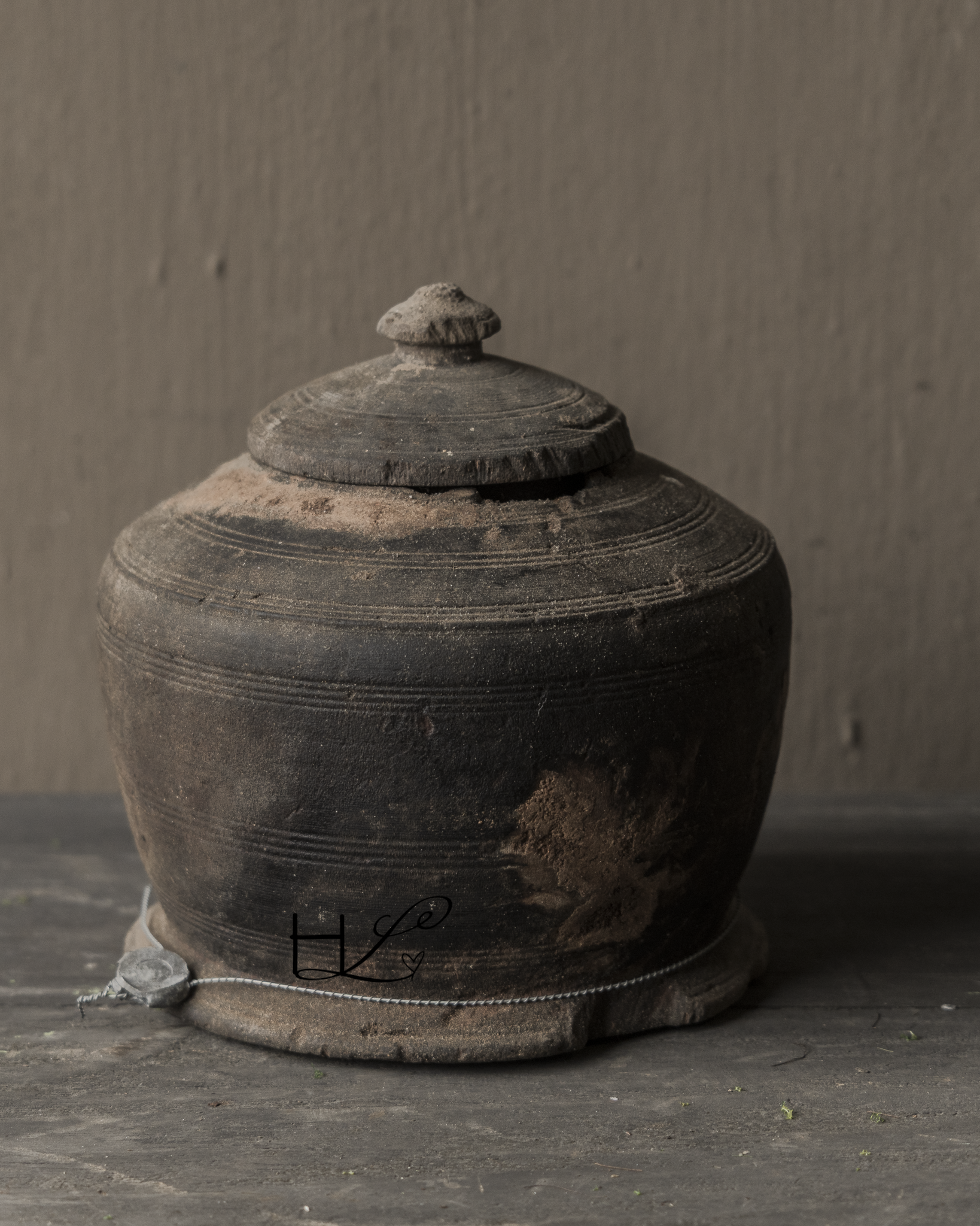 Originele Oude houten Nepalees Kruikje /Potje met deksel HOFFZ-2