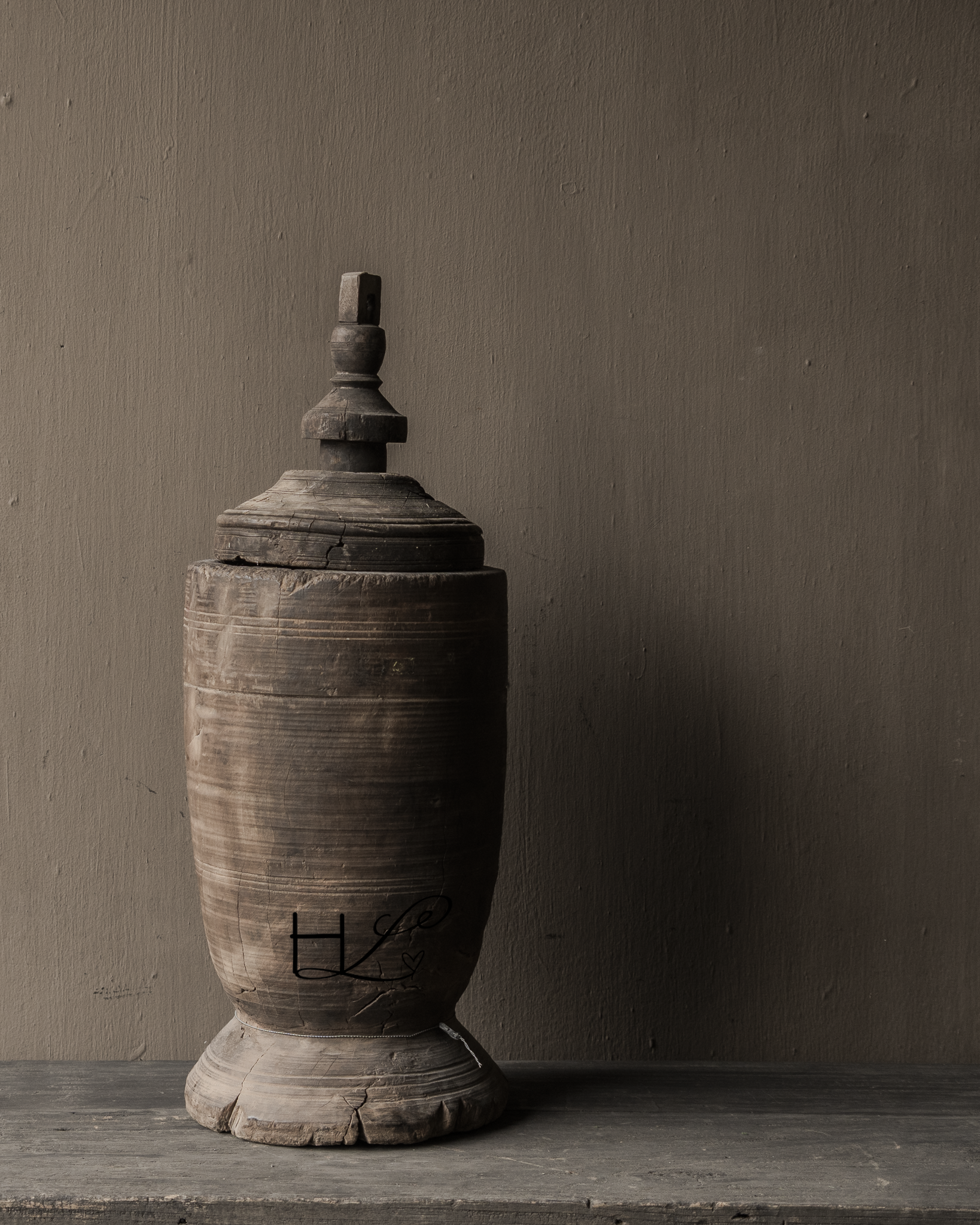 Originele Uniek Oude houten Hoffz Nepalese Kruik /Pot met deksel-3