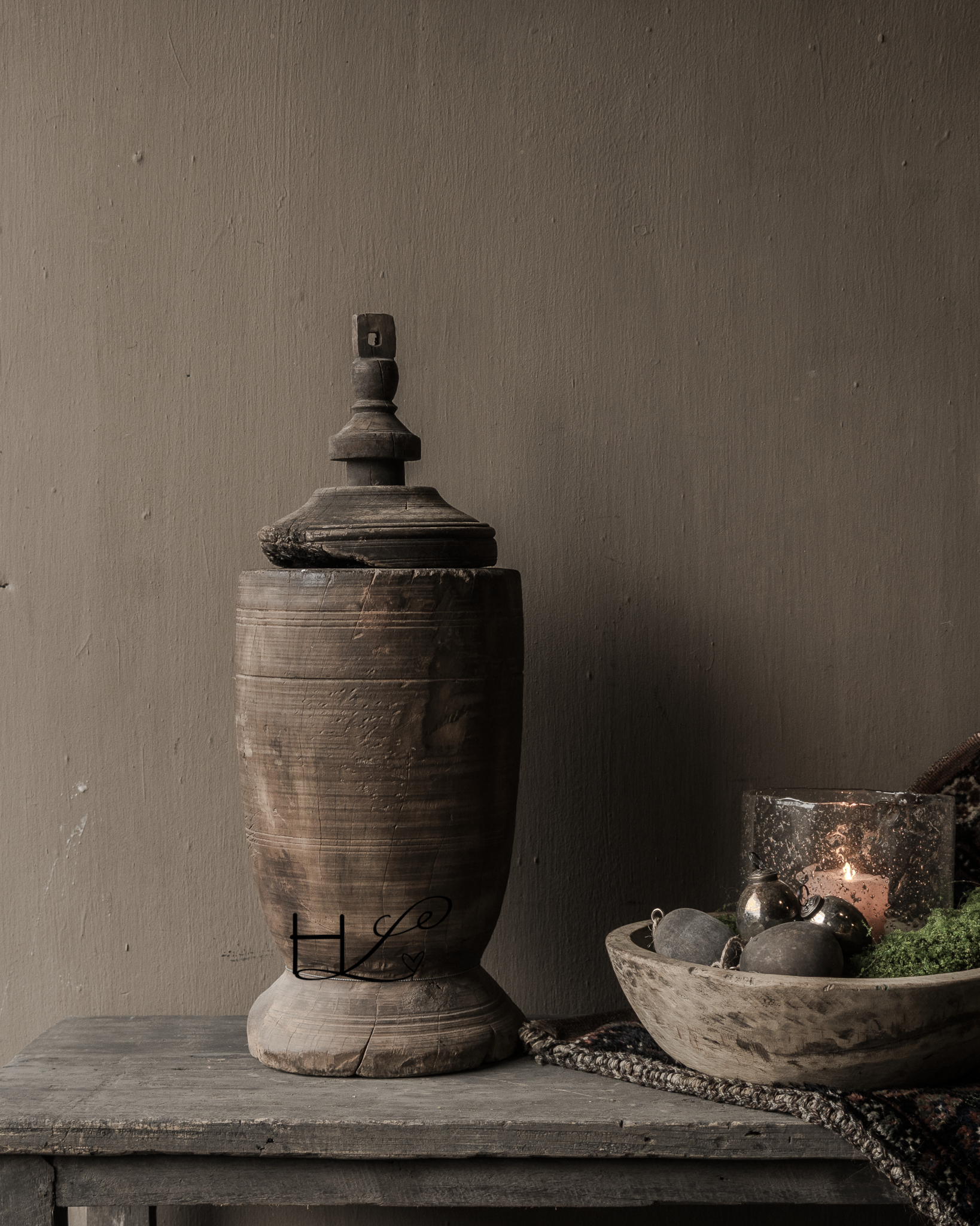 Originele Uniek Oude houten Hoffz Nepalese Kruik /Pot met deksel-1