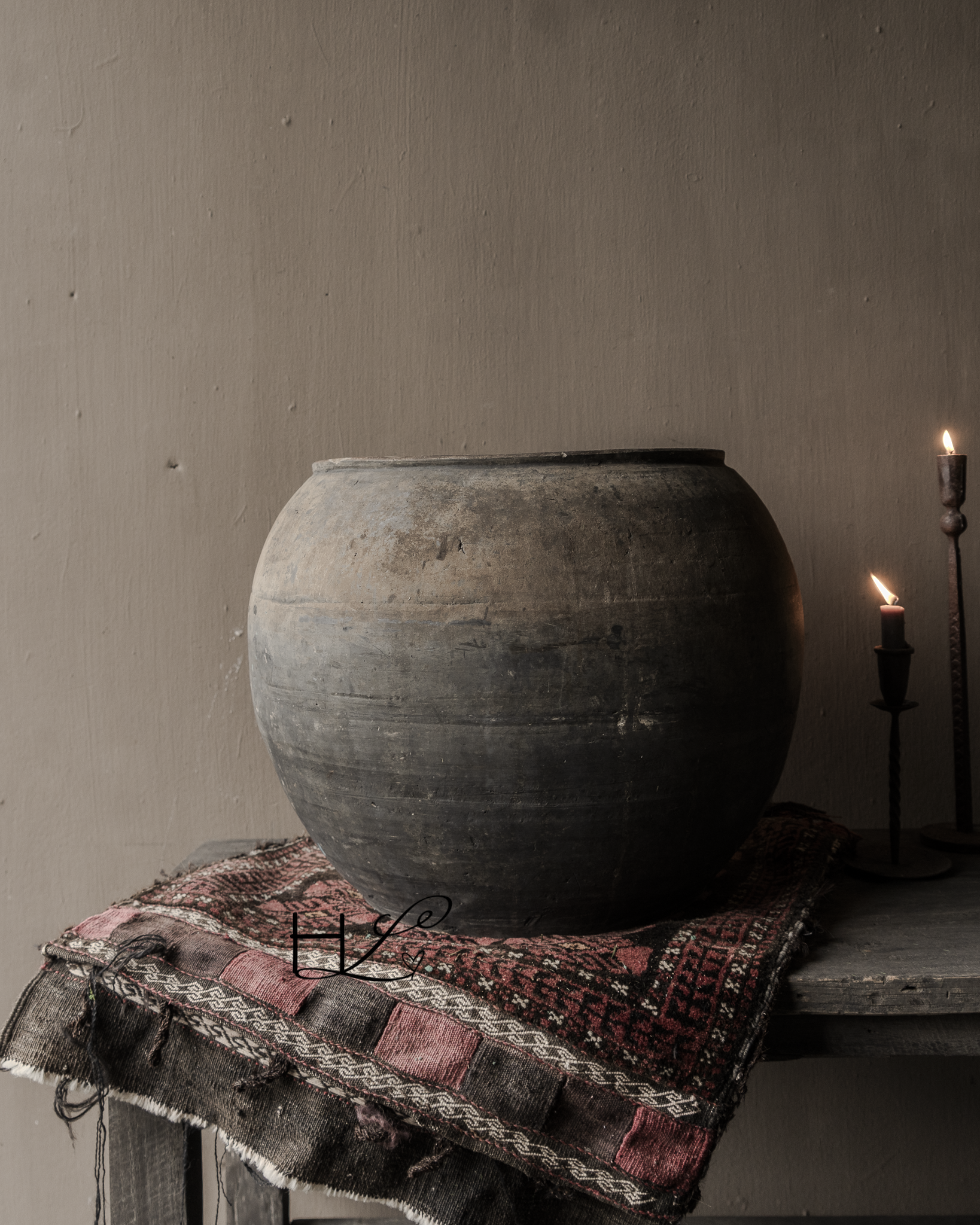 Uniek Oud aardewerk Kruik / Pot Bruin/grijs-4