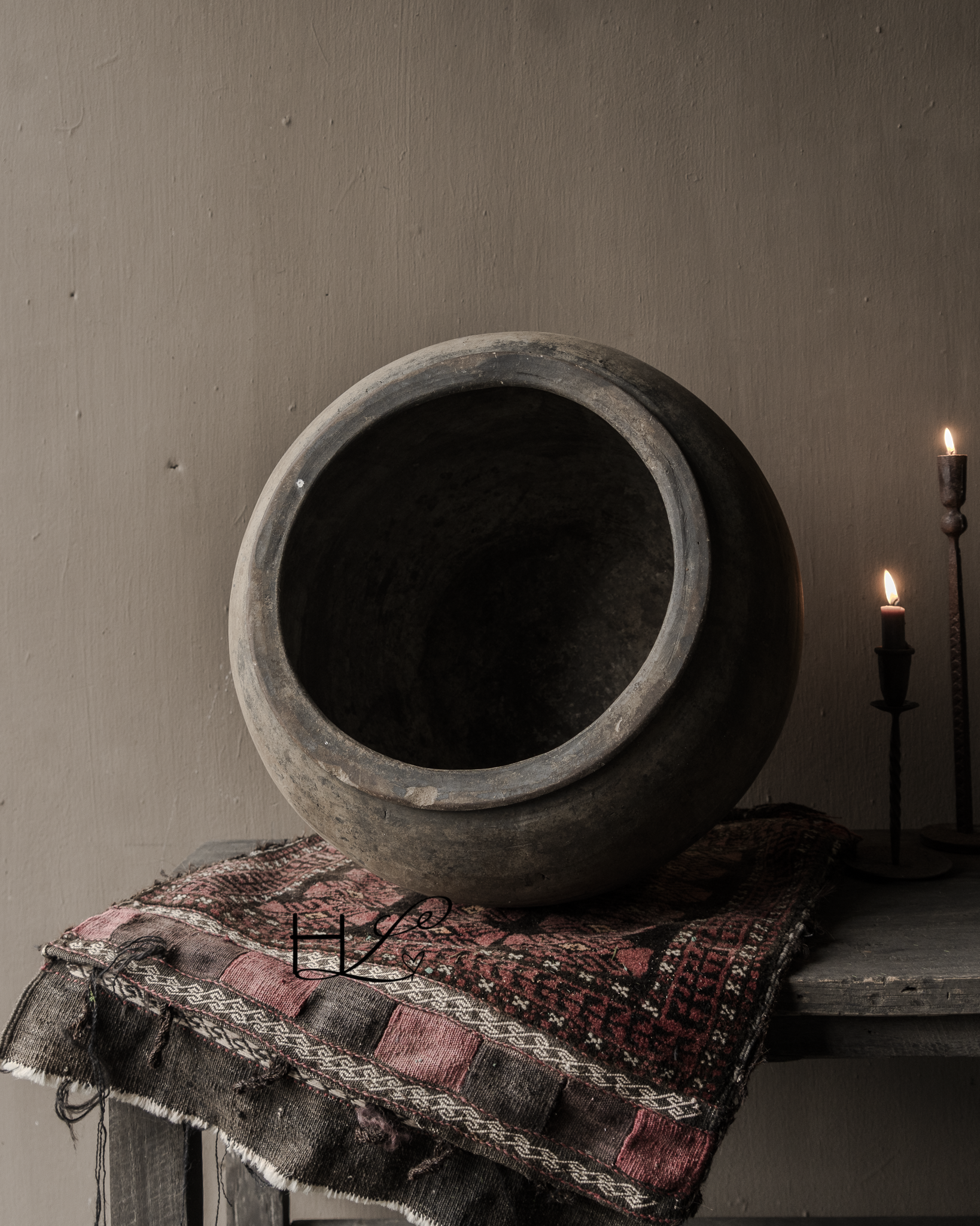 Uniek Oud aardewerk Kruik / Pot Bruin/grijs-5