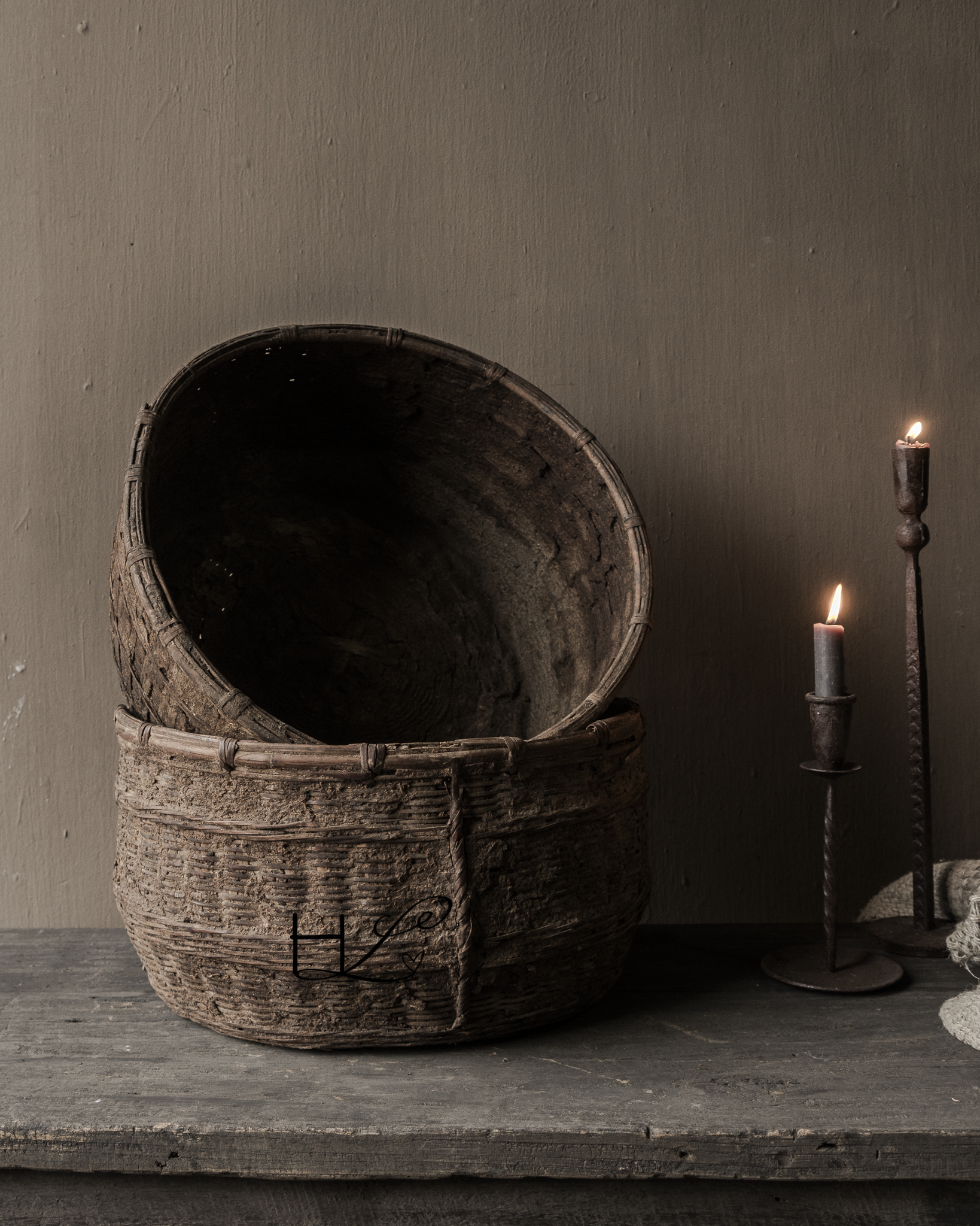 Origineel vintage ratan rieten leem mand-2