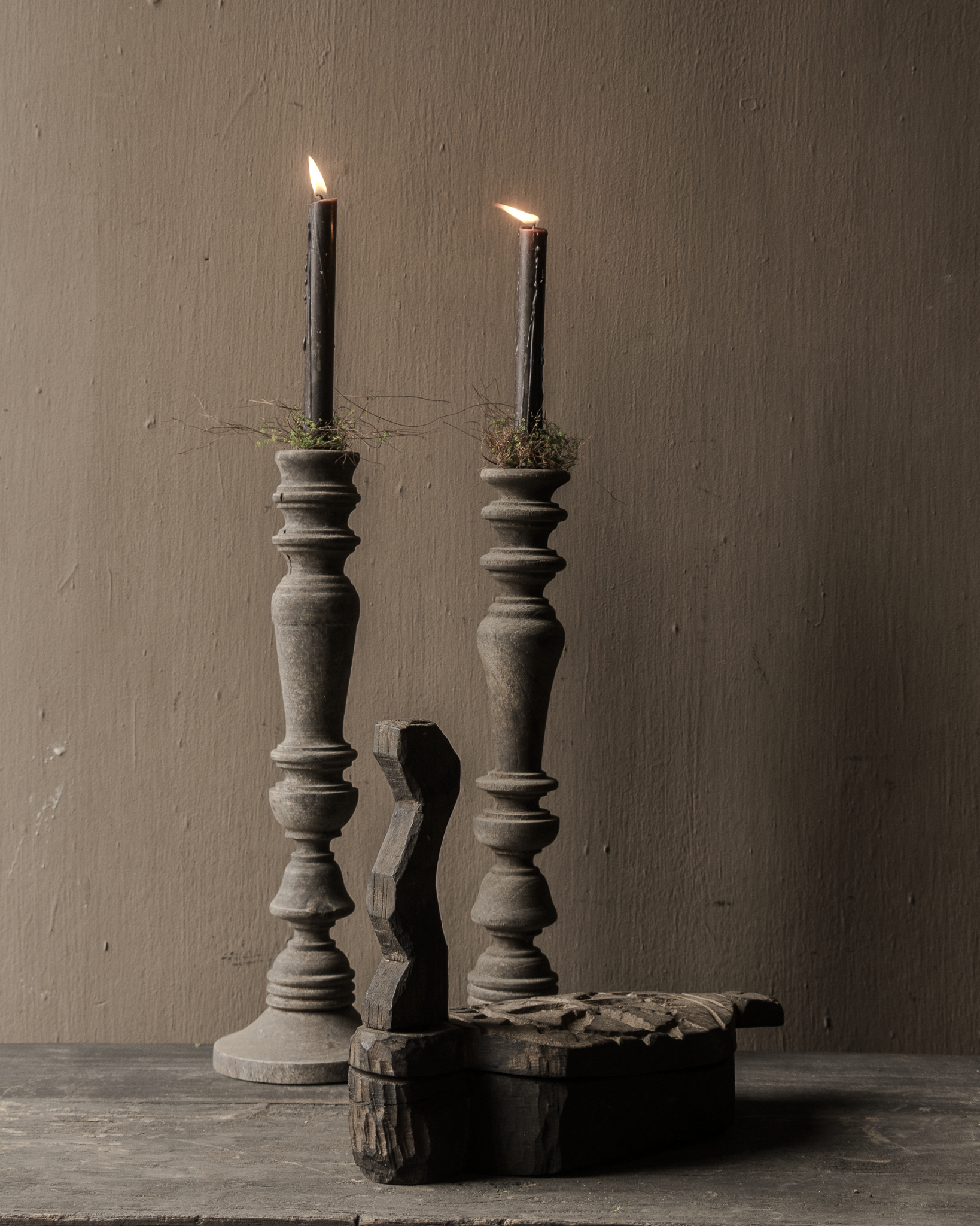 Stoer oud verweerd rustiek Houten kandelaar-4