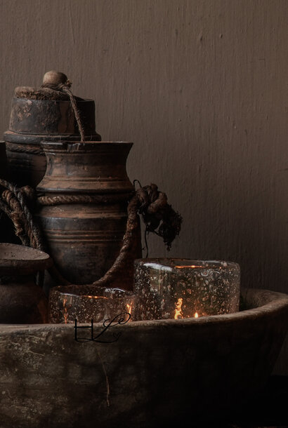 Originele oude houten Nepalese kruik / pot met touw – sobere wabi-sabi decoratie