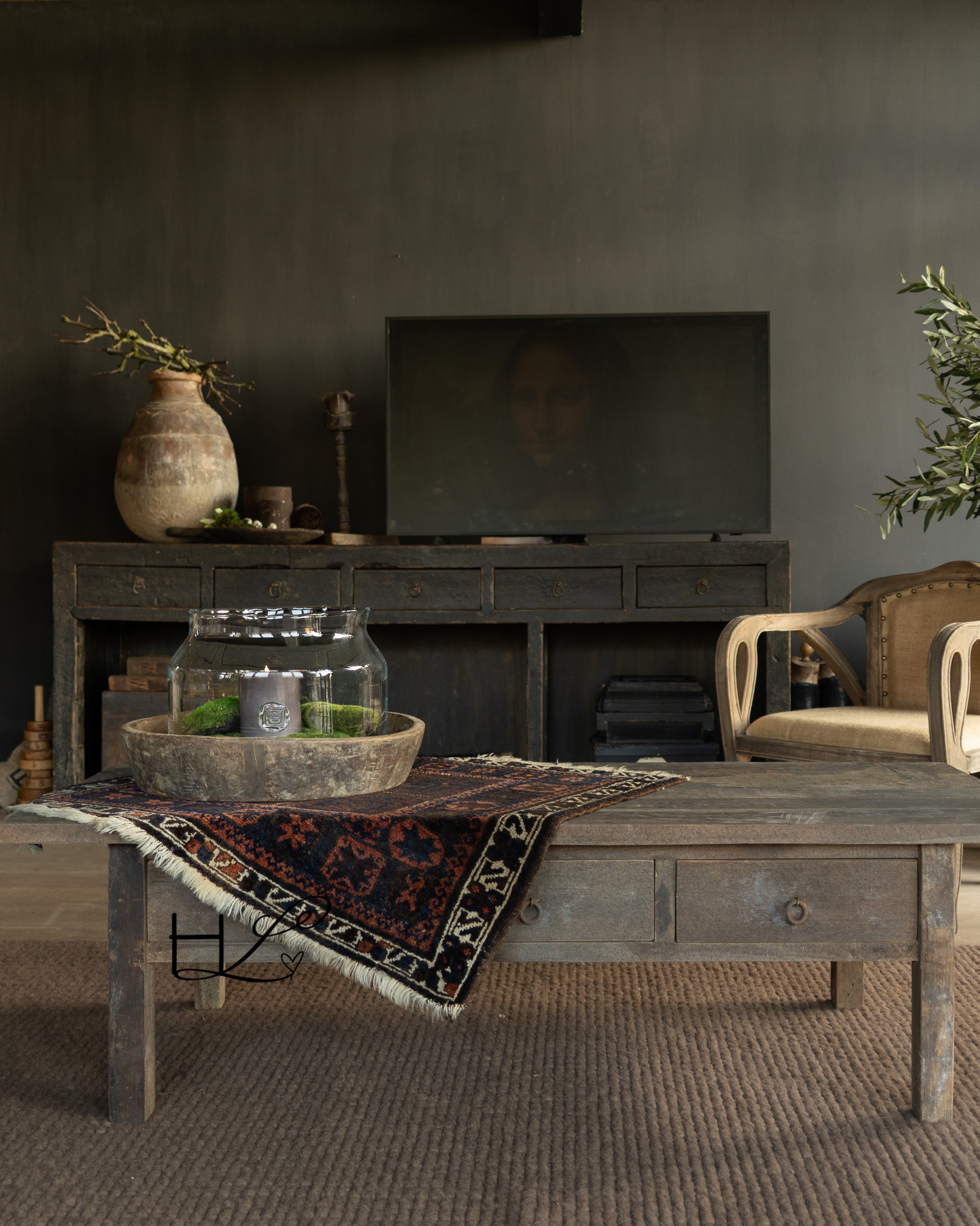 Salontafel oud rustiek hout uniek met drie lades-1