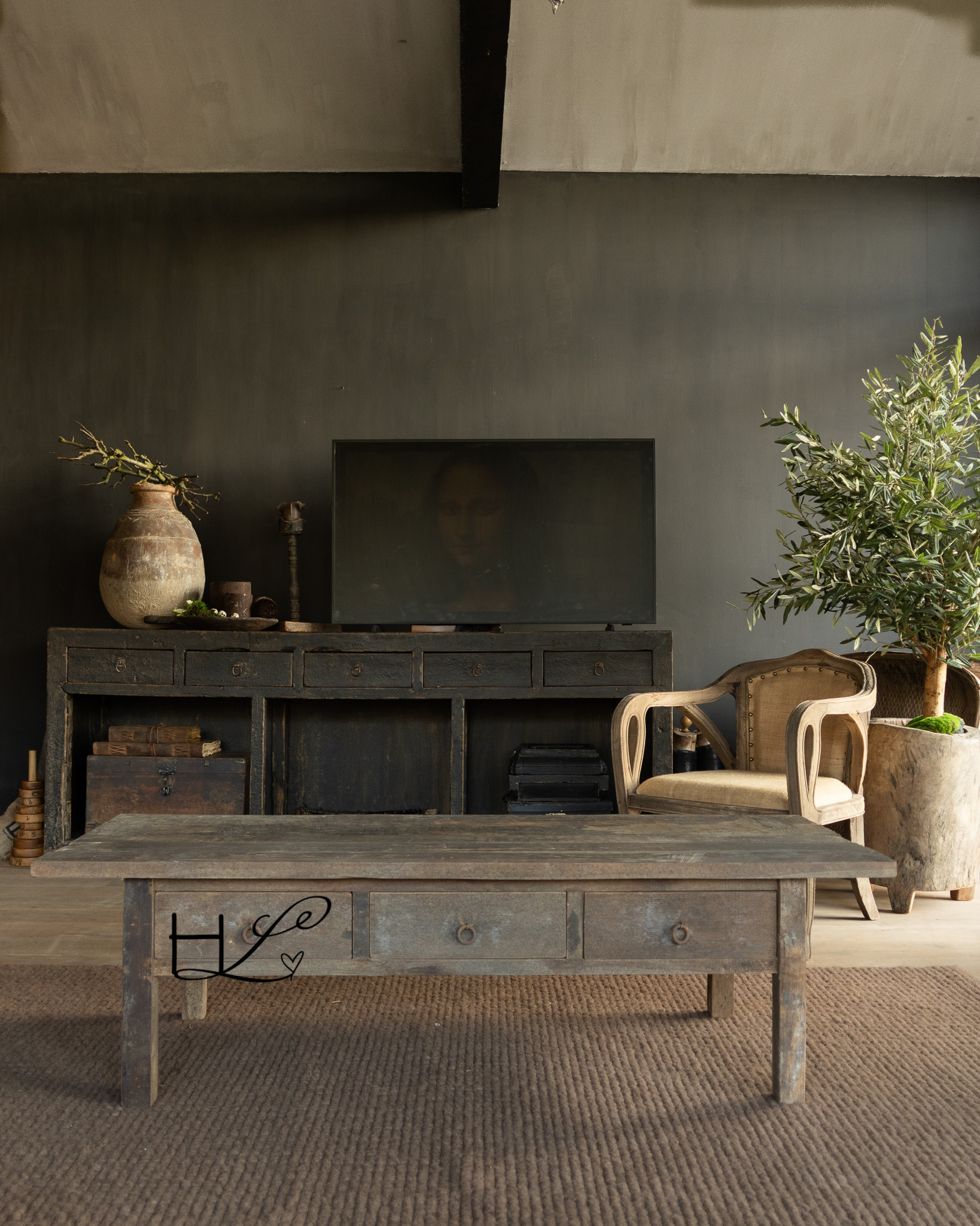 Salontafel oud rustiek hout uniek met drie lades-2