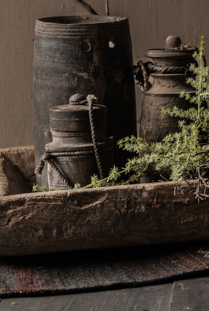 Original old wooden Nepalese jug / pot with lid